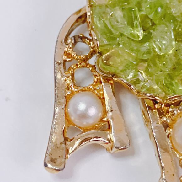 VTG Mid Century Bird Pendant Necklace Green Quartz Gold Tone Figural Animal - Picture 8 of 12